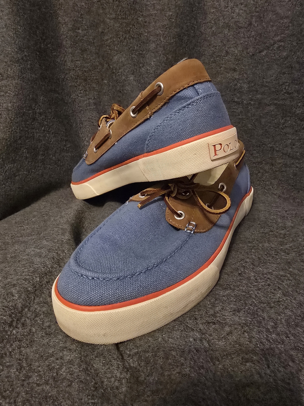 Polo by Ralph Lauren Blue Canvas and Brown Leather Trim Boat Shoes Size 10